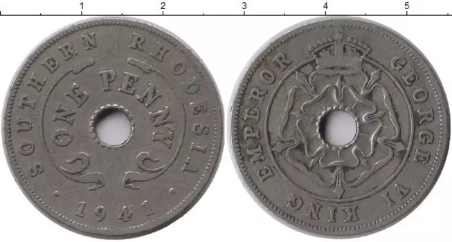 Монета пенни Родезии 1941 года Медно-никель Георг VI
