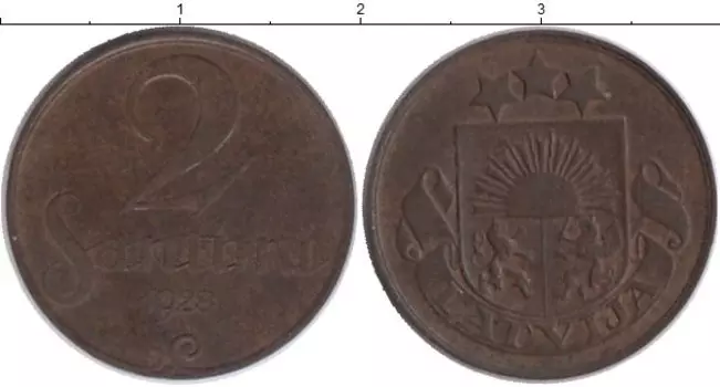 Монета 2 сантима Латвии 1928 года Бронза