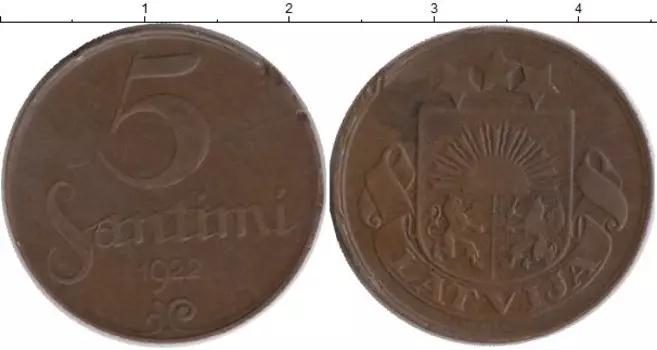 Монета 5 сантим Латвии 1922 года Бронза