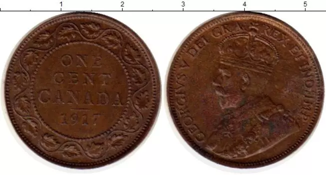 Монета цент Канады 1917 года Бронза Георг V