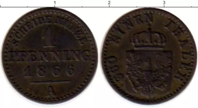 Монета пфенниг Пруссии 1866 года Медь А