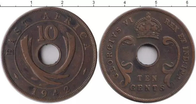 Монета 10 центов Восточной Африки 1942 года Бронза Георг VI