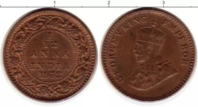 Монета 1/12 анны Индии 1932 года Бронза Георг V