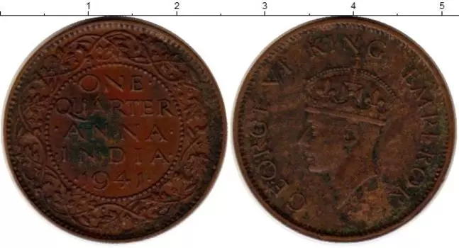 Монета 1/4 анны Индии 1941 года Бронза Георг VI