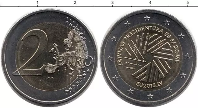Монета 2 евро Латвии 2015 года Биметалл Президенство Латвии в Совете ЕС