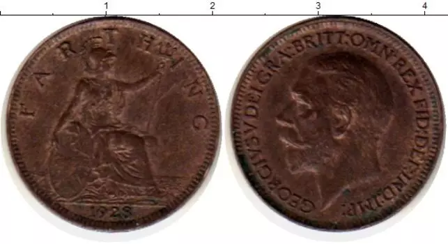 Монета фартинг Англии 1928 года Бронза Георг V