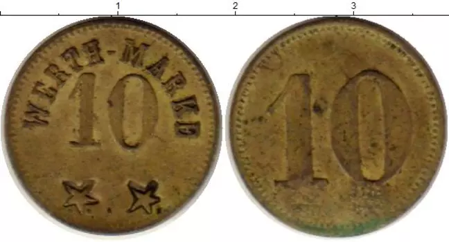 Монета 10 марок Германии Латунь Жетон