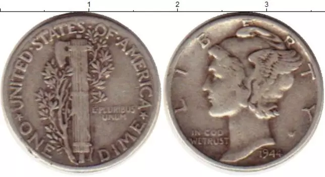 Монета дайм Америки 1944 года Серебро
