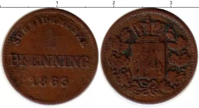 Монета пфенниг Баварии 1863 года Медь