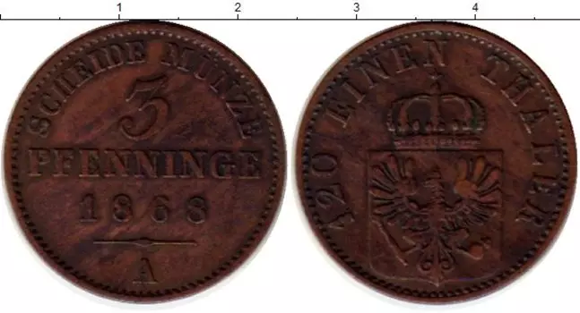Монета 3 пфеннига Пруссии 1868 года Медь А