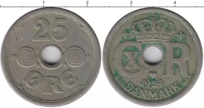 Монета 25 эре Дании 1924 года Медно-никель Кристиан X