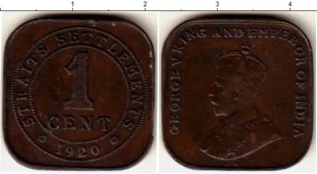 Монета цент Стрейтс-Сеттльмента 1920 года Медь Георг V