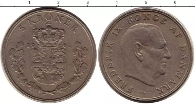 Монета 5 крон Дании 1961 года Медно-никель Фредерик IX