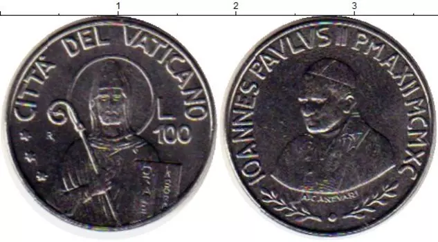 Монета 100 лир Ватикана 1990 года Сталь Понтифик Иоанн Павел II