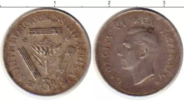 Монета 3 пенса Южно Африканской Республики 1942 года Серебро Георг VI