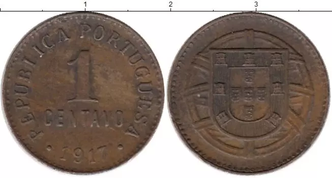 Монета сентаво Португалии 1917 года Бронза
