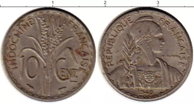 Монета 10 центов Индокитая 1940 года Медно-никель