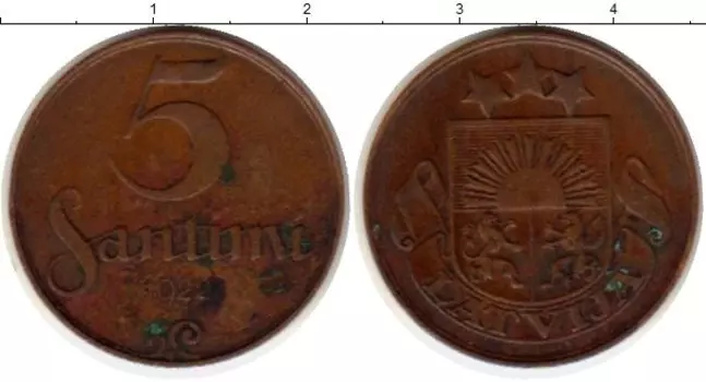 Монета 5 сантим Латвии 1922 года Бронза
