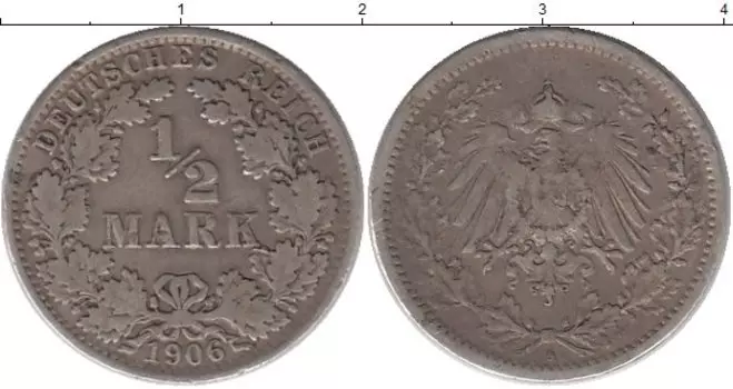 Монета 1/2 марки Германии 1906 года Серебро A