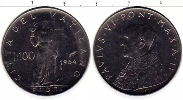 Монета 100 лир Ватикана 1964 года Сталь Павел VI