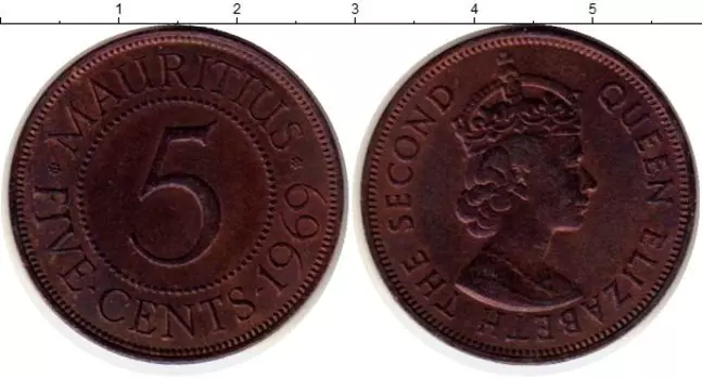 Монета 5 центов Маврикия 1969 года Бронза Елизавета II