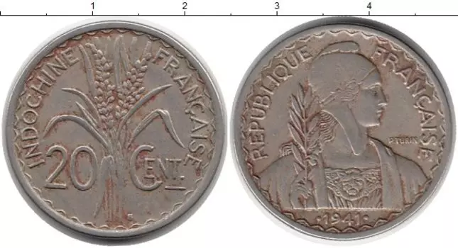Монета 20 сантим Индокитая 1941 года Медно-никель
