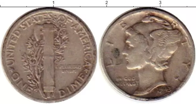 Монета дайм Америки 1943 года Серебро