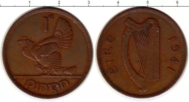 Монета пенни Ирландии 1941 года Бронза Курица
