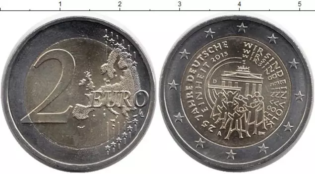 Монета 2 евро Германии 2015 года Биметалл A,25 лет Объединение Германии