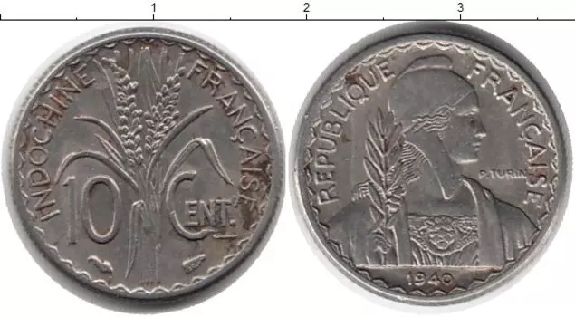 Монета 10 сантим Индокитая 1940 года Медно-никель