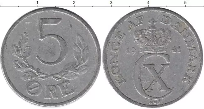 Монета 5 эре Дании 1941 года Алюминий Кристиан Х