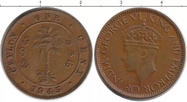 Монета цент Цейлона 1945 года Бронза Георг VI