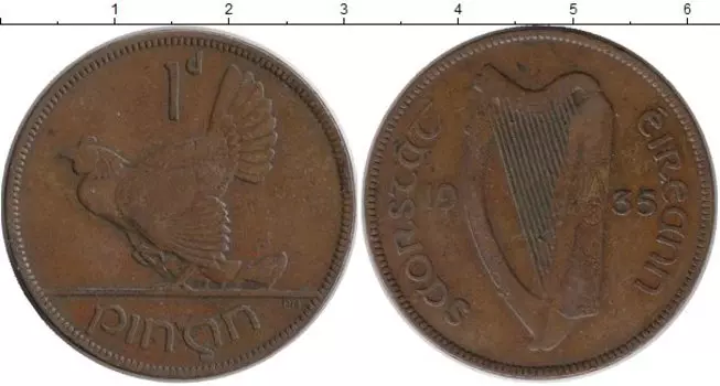 Монета пенни Ирландии 1935 года Бронза Курица