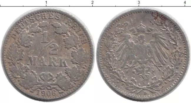 Монета 1/2 марки Германии 1906 года Серебро D