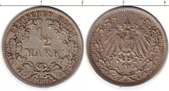 Монета 1/2 марки Германии 1915 года Серебро А