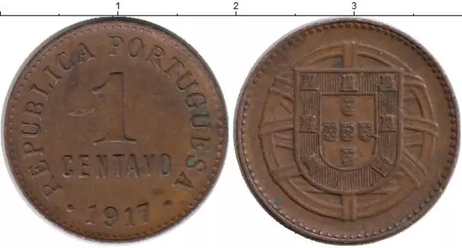 Монета сентаво Португалии 1917 года Бронза