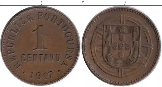 Монета сентаво Португалии 1917 года Бронза