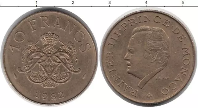 Монета 10 франков Монако 1982 года Бронза Ренье III