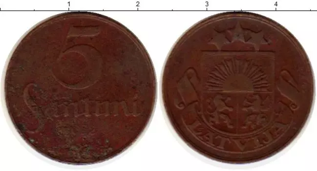 Монета 5 сантим Латвии 1922 года Бронза