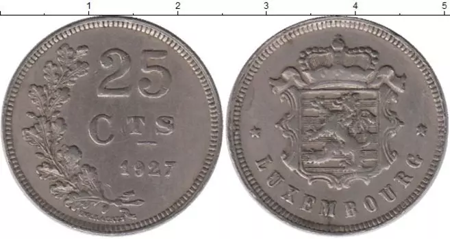 Монета 25 сантим Люксембурга 1927 года Медно-никель