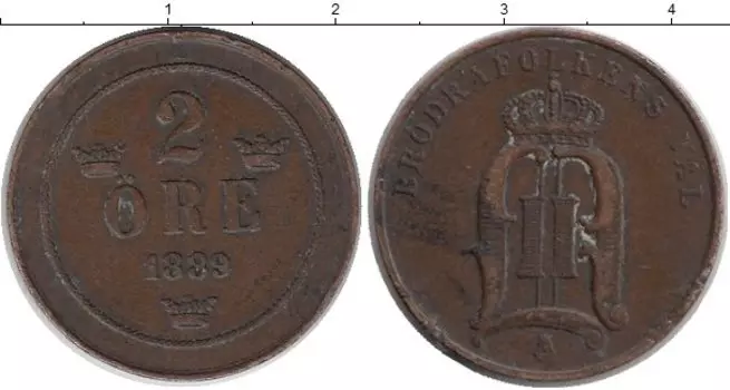 Монета 2 эре Швеции 1889 года Бронза Оскар II