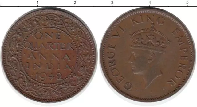 Монета 1/4 анны Индии 1942 года Бронза Георг VI