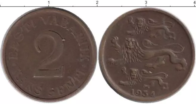 Монета 2 сенти Эстонии 1934 года Бронза
