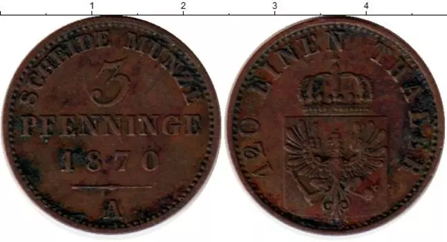 Монета 3 пфеннига Пруссии 1870 года Медь А