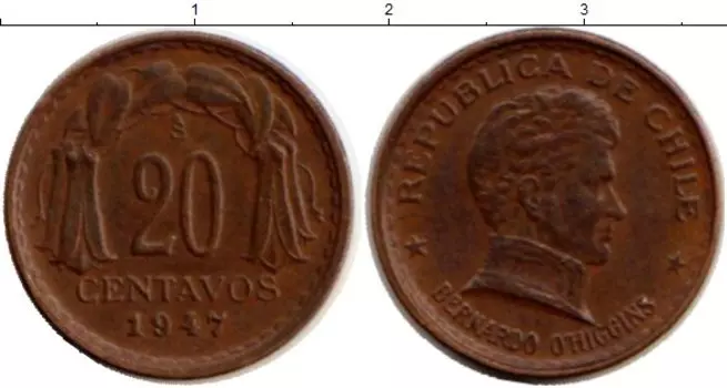 Монета 20 сентаво Чили 1947 года Бронза Бернардо О’Хиггинс
