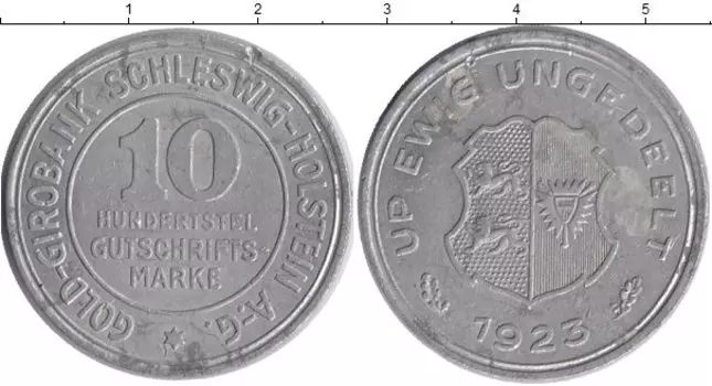 Монета 10 марок Шлезвиг-Гольштейна 1923 года Алюминий