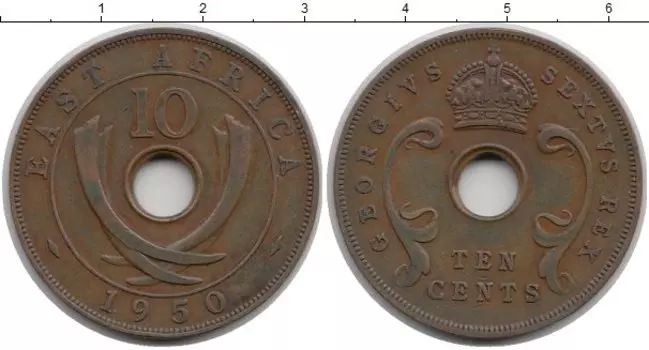 Монета 10 центов Восточной Африки 1950 года Бронза Георг VI