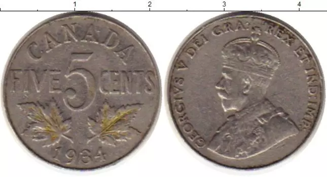 Монета 5 центов Канады 1934 года Медно-никель Георг V