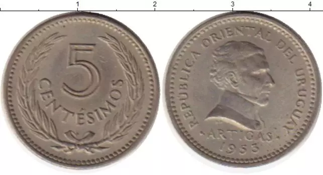 Монета 5 сентесим Уругвая 1953 года Медно-никель Артигас