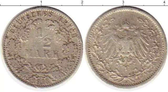 Монета 1/2 марки Германии 1913 года Серебро А